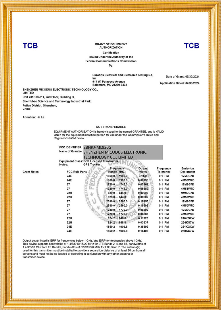 Certification FCC